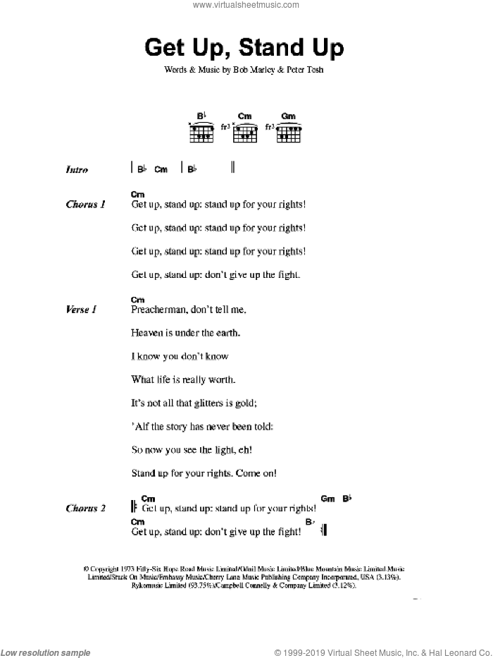 Get Up Stand Up sheet music for piano solo (chords, lyrics, melody) by Bob Marley and Peter Tosh, intermediate piano (chords, lyrics, melody)