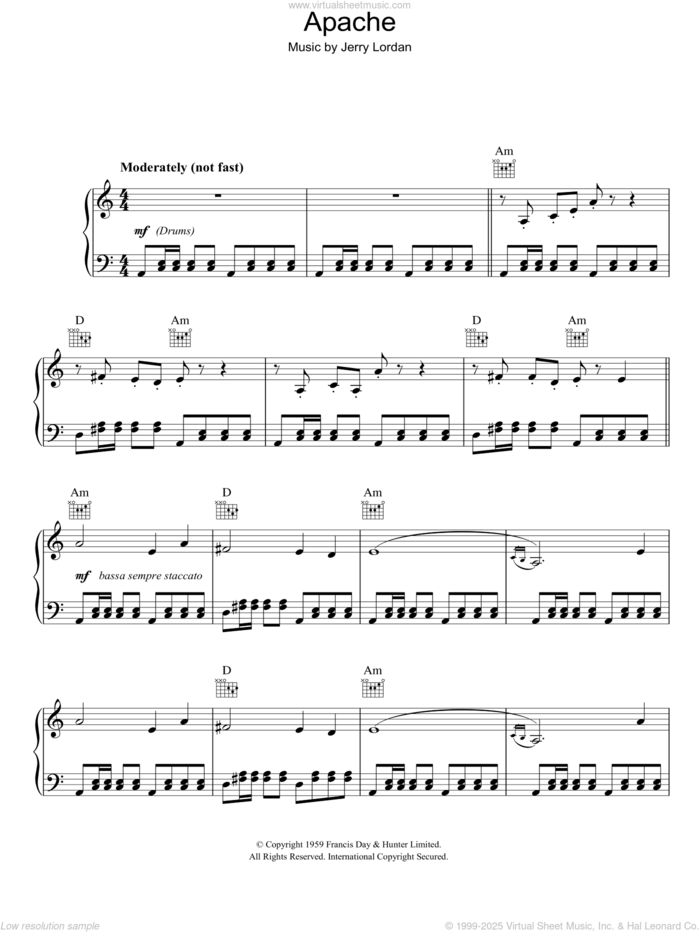 Apache sheet music for voice, piano or guitar by The Shadows and Jerry Lordan, intermediate skill level