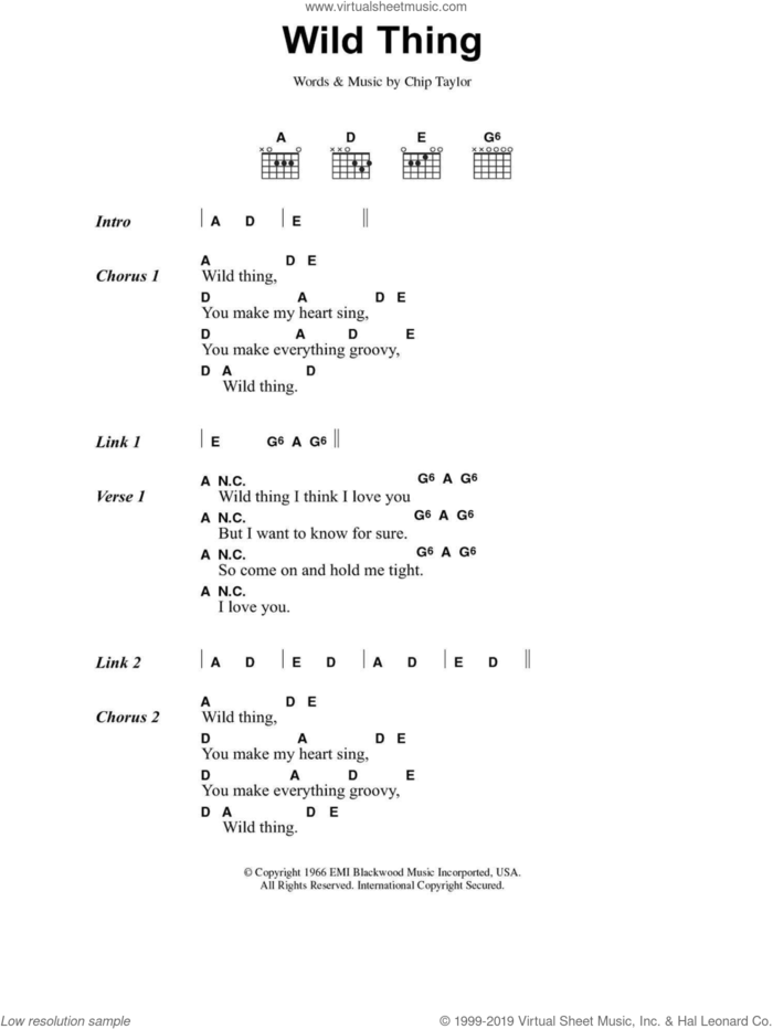 Wild Thing sheet music for guitar (chords) by The Troggs and Chip Taylor, intermediate skill level