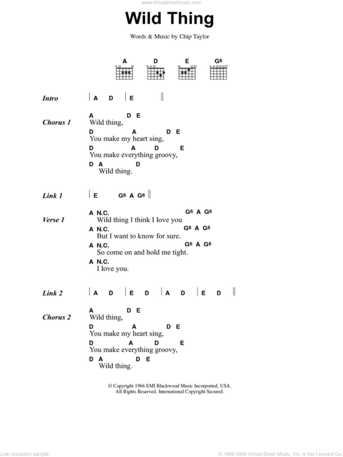 Wild Thing sheet music for guitar (chords) by The Troggs and Chip Taylor, intermediate skill level