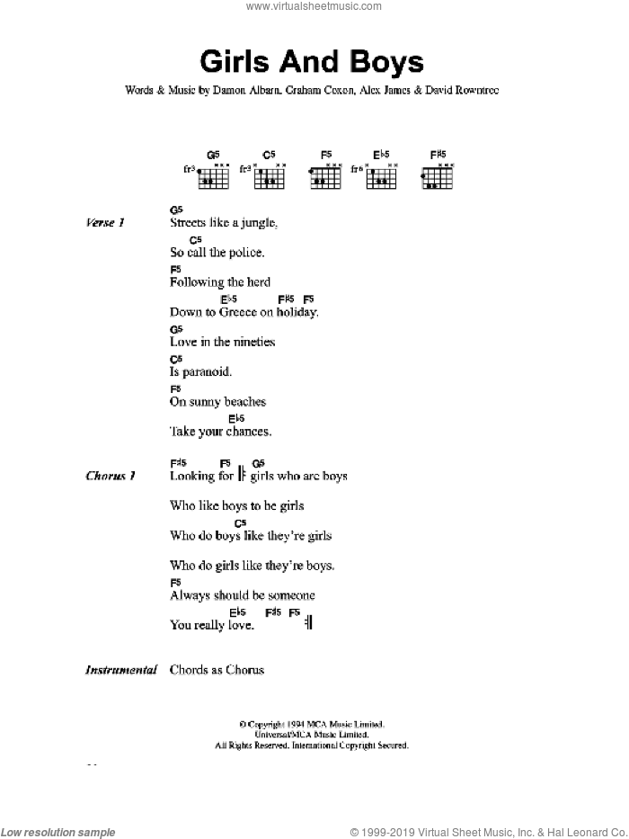 Girls And Boys sheet music for guitar (chords) by Blur, Alex James, Damon Albarn, David Rowntree and Graham Coxon, intermediate skill level