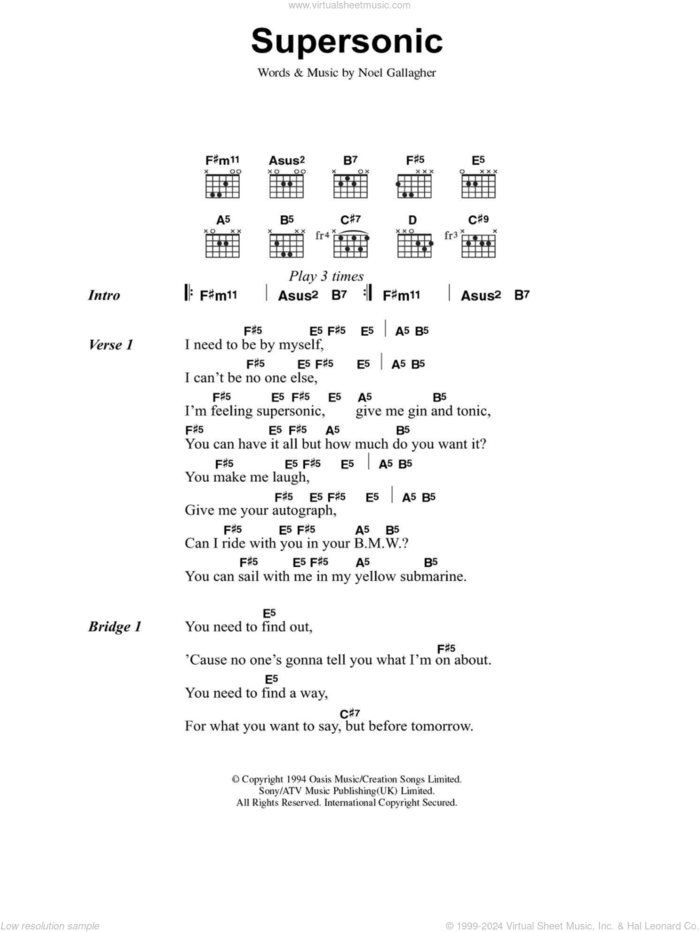 Supersonic sheet music for guitar (chords) by Oasis and Noel Gallagher, intermediate skill level