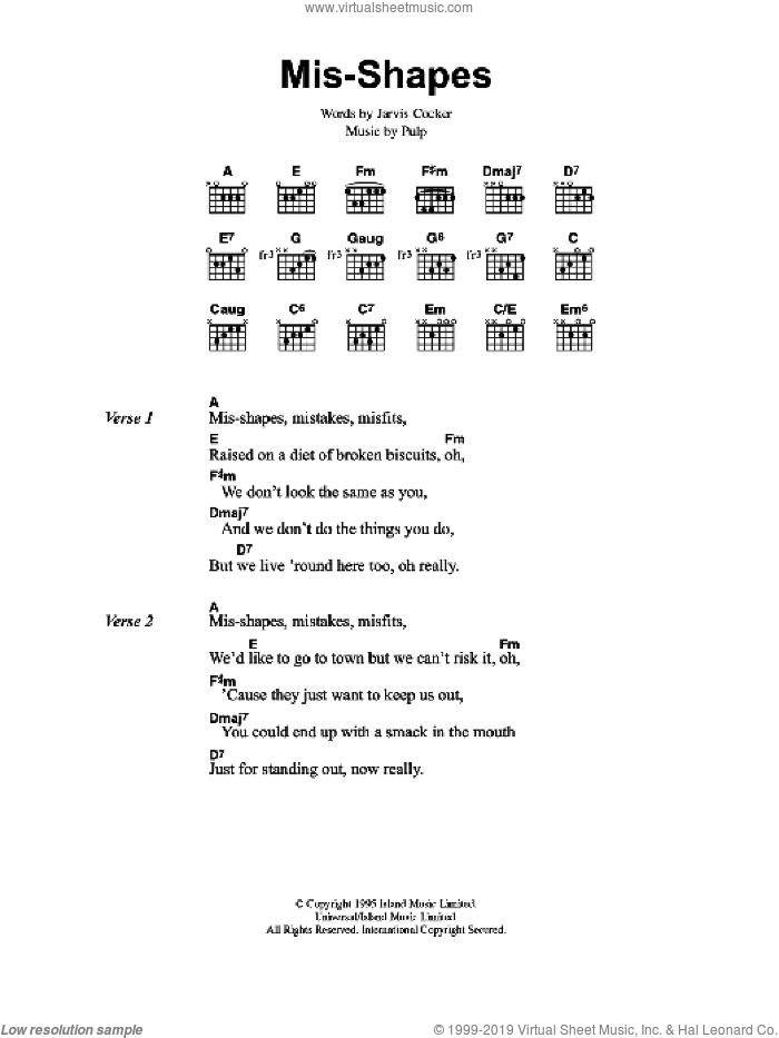 Mis-shapes sheet music for guitar (chords) by Pulp and Jarvis Cocker, intermediate skill level