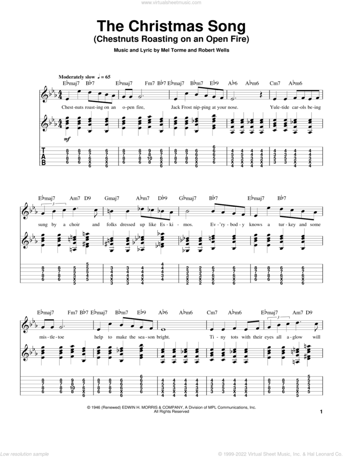 The Christmas Song (Chestnuts Roasting On An Open Fire) sheet music for guitar (tablature, play-along) by Mel Torme and Robert Wells, intermediate skill level