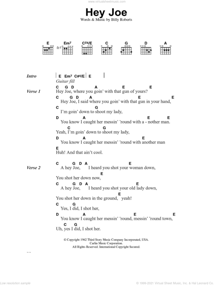 Hey Joe sheet music for guitar (chords) by Jimi Hendrix and Billy Roberts, intermediate skill level