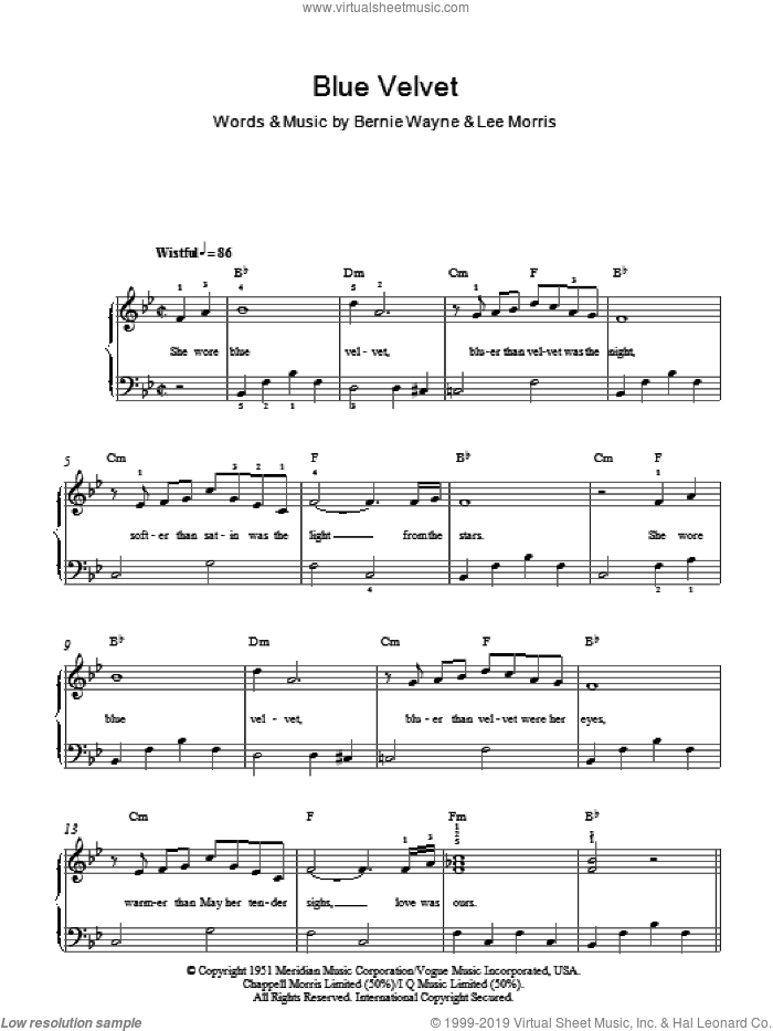 Blue Velvet sheet music for piano solo by Bobby Vinton, Bernie Wayne and Lee Morris, easy skill level