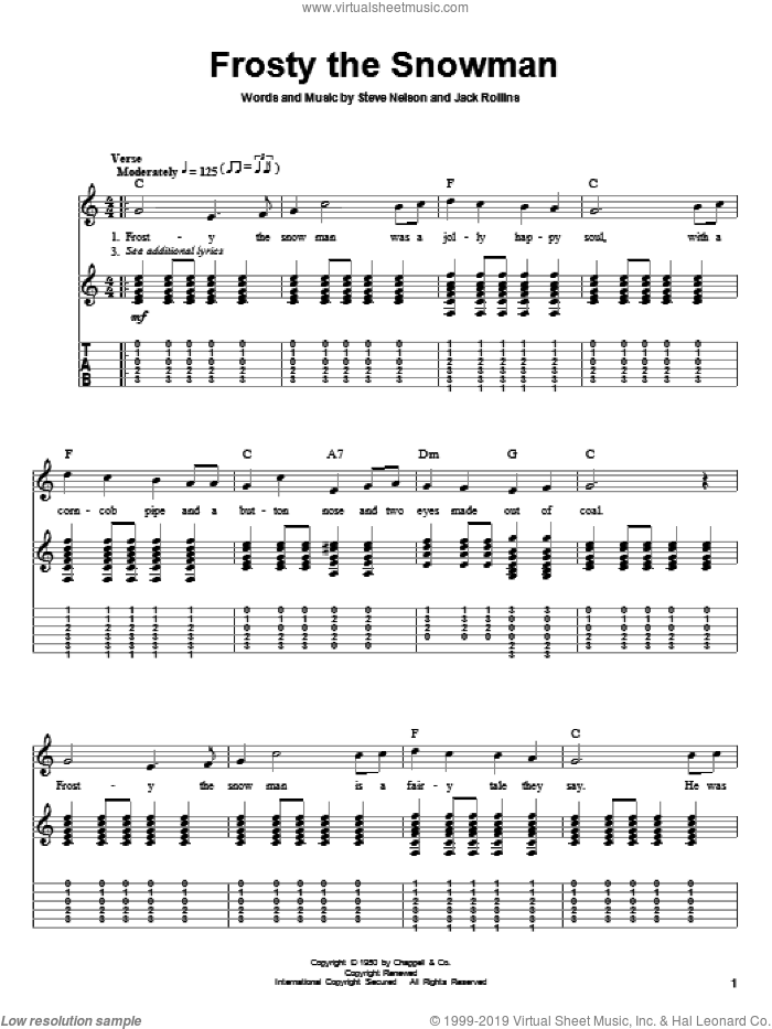 Frosty The Snow Man sheet music for guitar (tablature, play-along) by Gene Autry, Willie Nelson, Jack Rollins and Steve Nelson, intermediate skill level