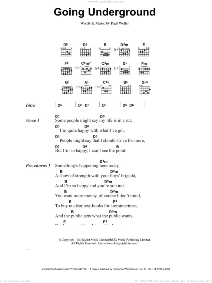 Going Underground sheet music for guitar (chords) by The Jam and Paul Weller, intermediate skill level