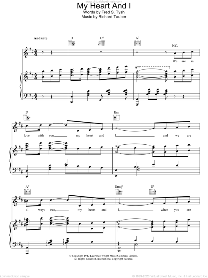 My Heart And I sheet music for voice, piano or guitar by Richard Tauber and Fred S. Tysh, intermediate skill level