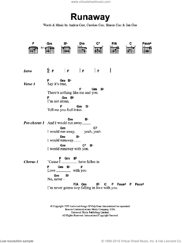 Runaway sheet music for guitar (chords) by The Corrs, Andrea Corr, Caroline Corr, Jim Corr and Sharon Corr, intermediate skill level