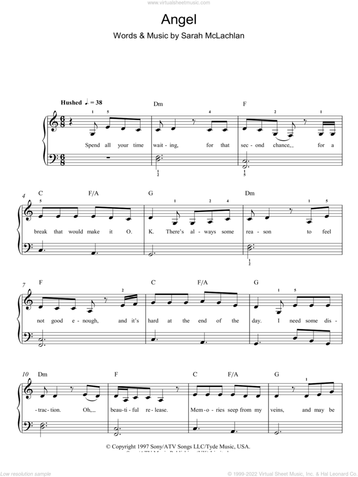 Angel sheet music for piano solo by Sarah McLachlan, easy skill level