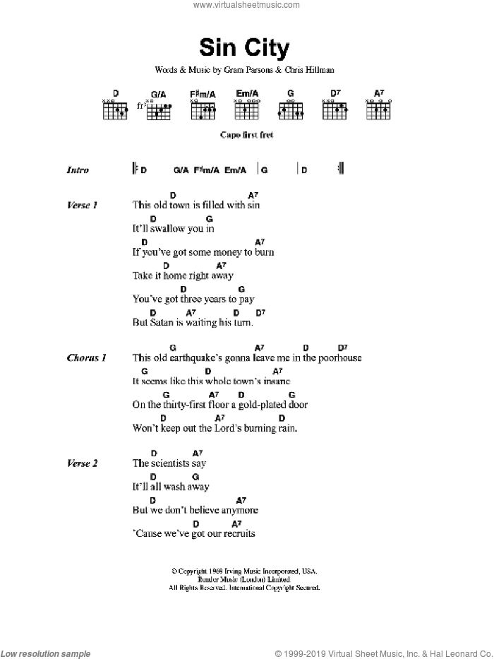 Sin City sheet music for guitar (chords) by The Flying Burrito Brothers, Chris Hillman and Gram Parsons, intermediate skill level