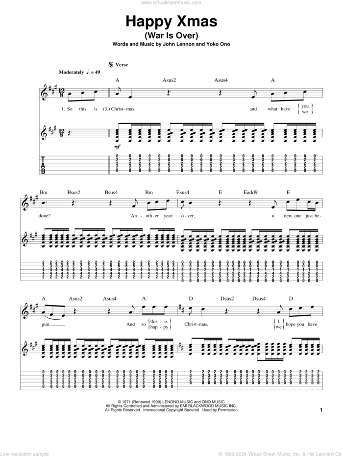 Happy Xmas (War Is Over) sheet music for guitar (tablature, play-along) by John Lennon, Plastic Ono Band and Yoko Ono, intermediate skill level