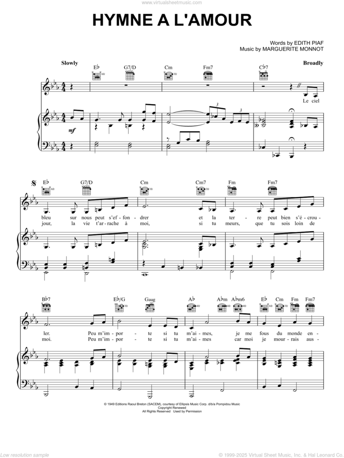 If You Love Me (I Won't Care) (Hymne A L'amour) sheet music for voice, piano or guitar by Edith Piaf, Marguerite Monnot and Geoffrey Parsons, intermediate skill level