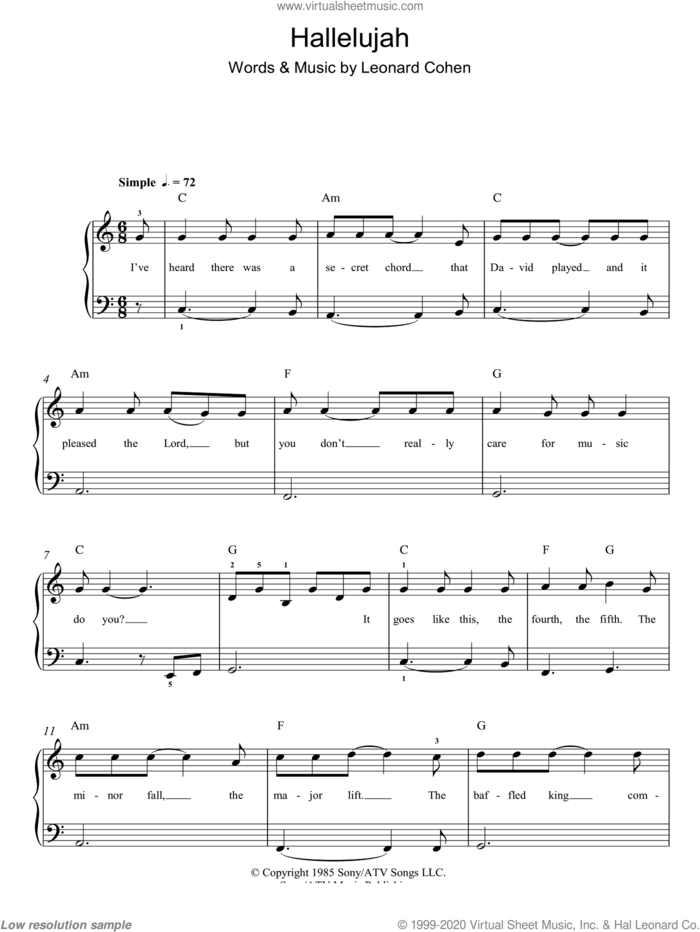 Hallelujah sheet music for piano solo by Rufus Wainwright and Leonard Cohen, easy skill level
