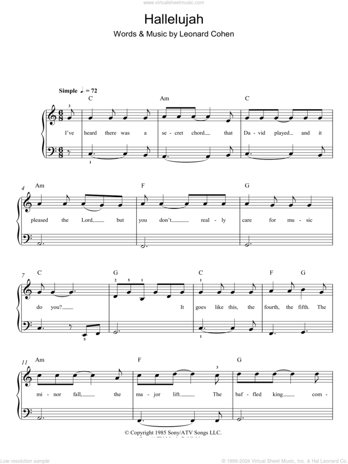 Hallelujah sheet music for piano solo by Rufus Wainwright and Leonard Cohen, easy skill level