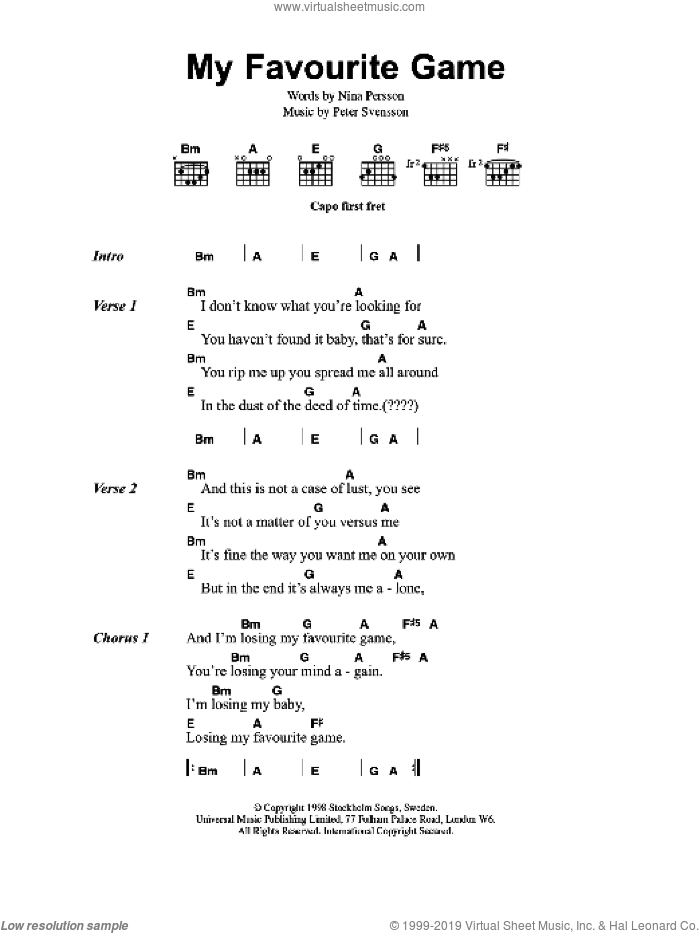 My Favourite Game sheet music for guitar (chords) by The Cardigans, Peter Svensson and NINA PERSSON, intermediate skill level