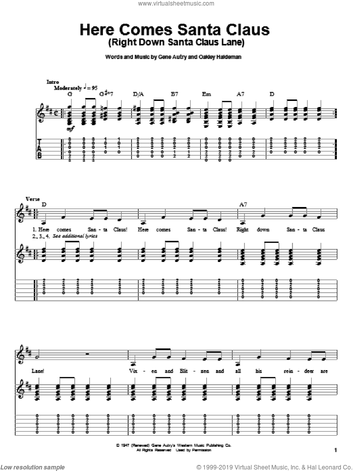 Here Comes Santa Claus (Right Down Santa Claus Lane) sheet music for guitar (tablature, play-along) by Gene Autry and Oakley Haldeman, intermediate skill level