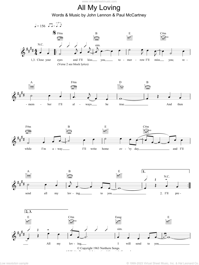 All My Loving sheet music for voice and other instruments (fake book) by The Beatles, John Lennon and Paul McCartney, intermediate skill level