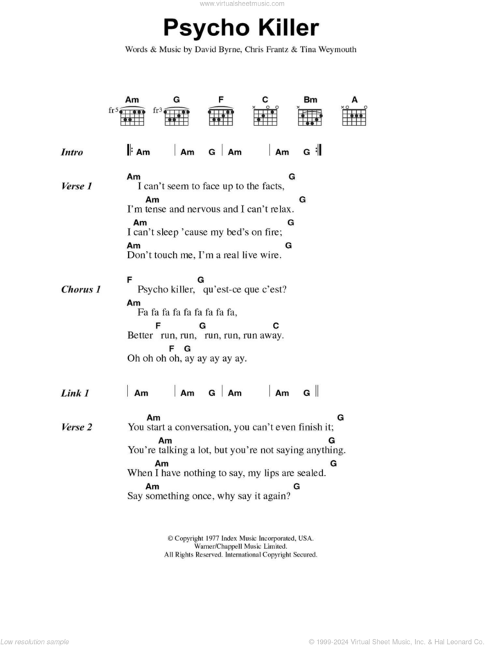 Psycho Killer sheet music for guitar (chords) by Talking Heads, Chris Frantz, David Byrne and Tina Weymouth, intermediate skill level