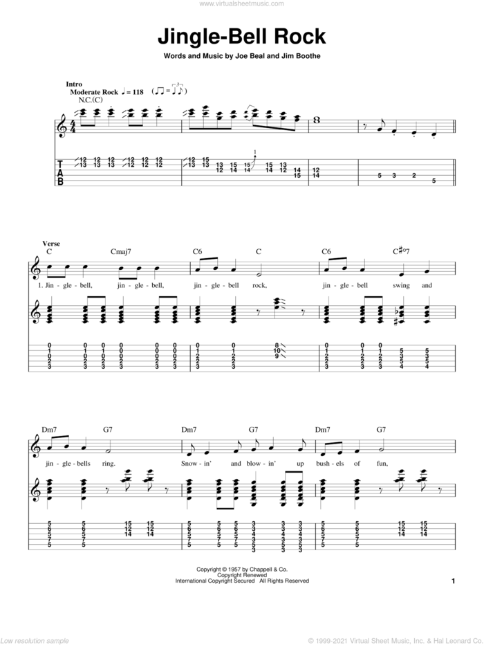Jingle-Bell Rock sheet music for guitar (tablature, play-along) by Bobby Helms, Jim Boothe and Joe Beal, intermediate skill level