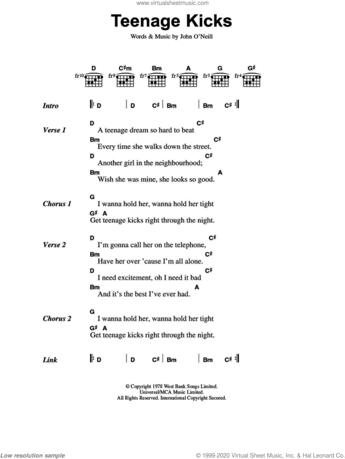 Teenage Kicks sheet music for guitar (chords) by The Undertones, intermediate skill level