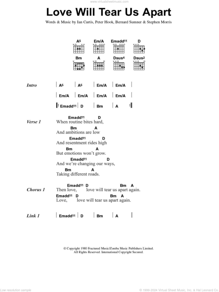 Love Will Tear Us Apart sheet music for guitar (chords) by Joy Division, Bernard Sumner, Ian Curtis, Peter Hook and Stephen Morris, intermediate skill level