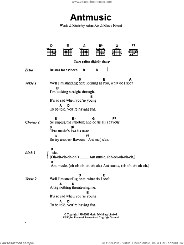 Antmusic sheet music for guitar (chords) by Adam & The Ants, Adam Ant and Marco Pirroni, intermediate skill level