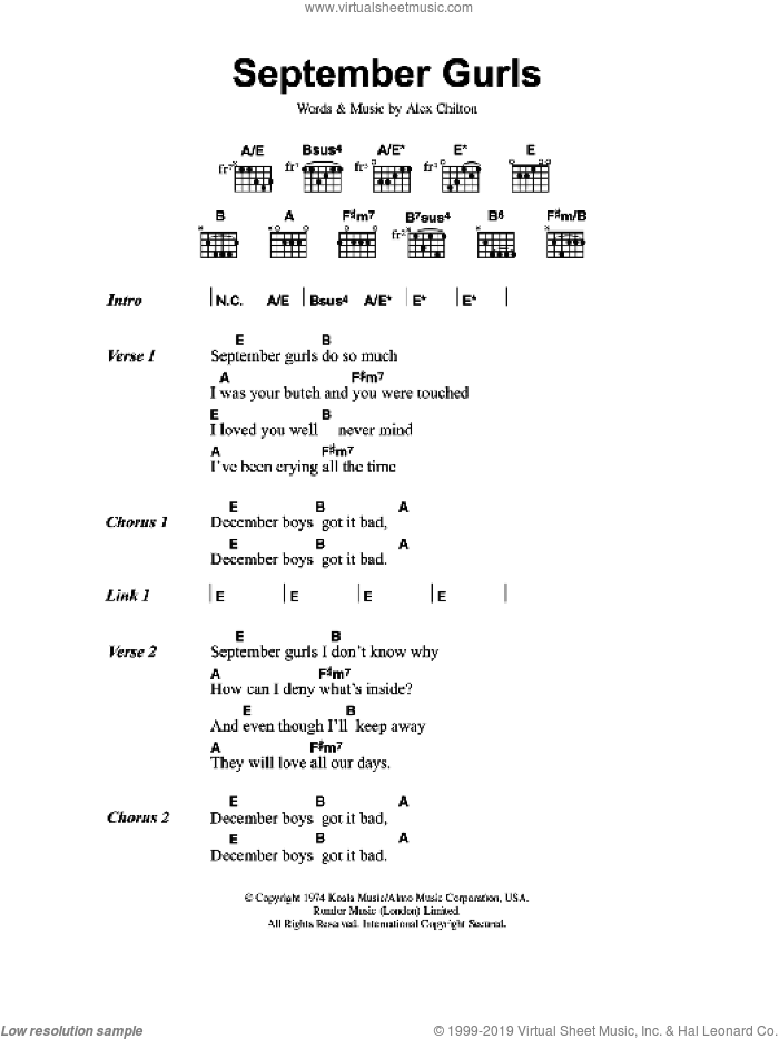 September Gurls sheet music for guitar (chords) by Big Star and Alex Chilton, intermediate skill level