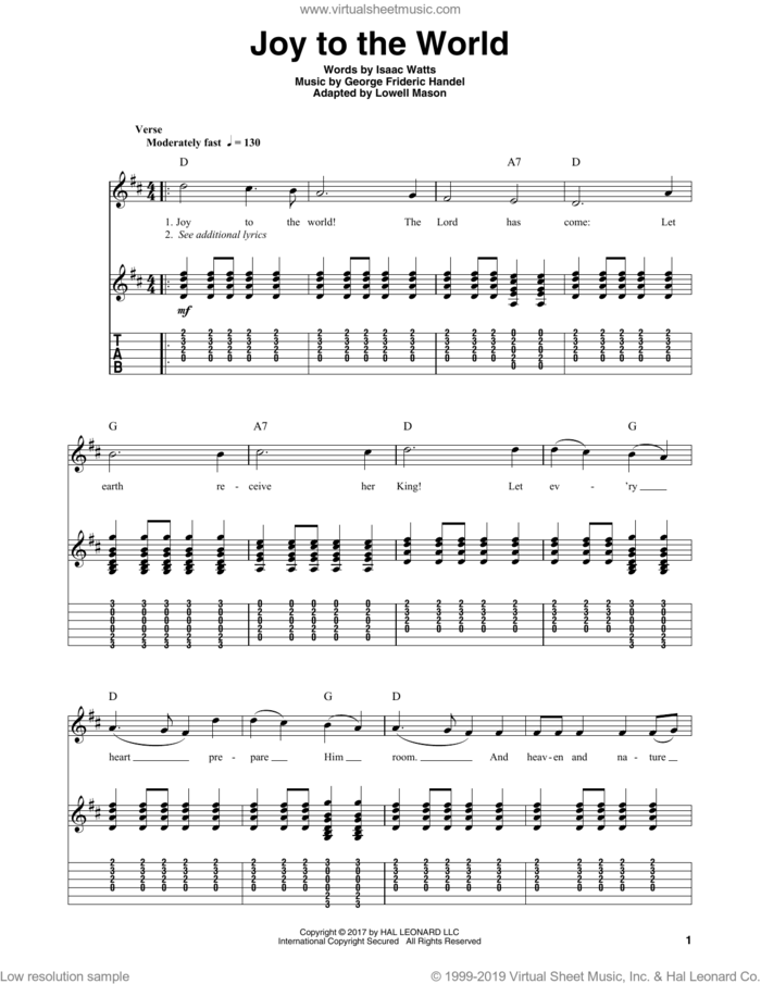 Joy To The World sheet music for guitar (tablature, play-along) by Isaac Watts, George Frideric Handel and Lowell Mason, intermediate skill level