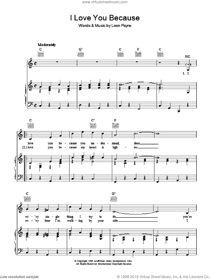 I Love You Because sheet music for voice, piano or guitar by Leon Payne, intermediate skill level