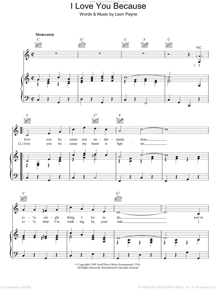 I Love You Because sheet music for voice, piano or guitar by Leon Payne, intermediate skill level
