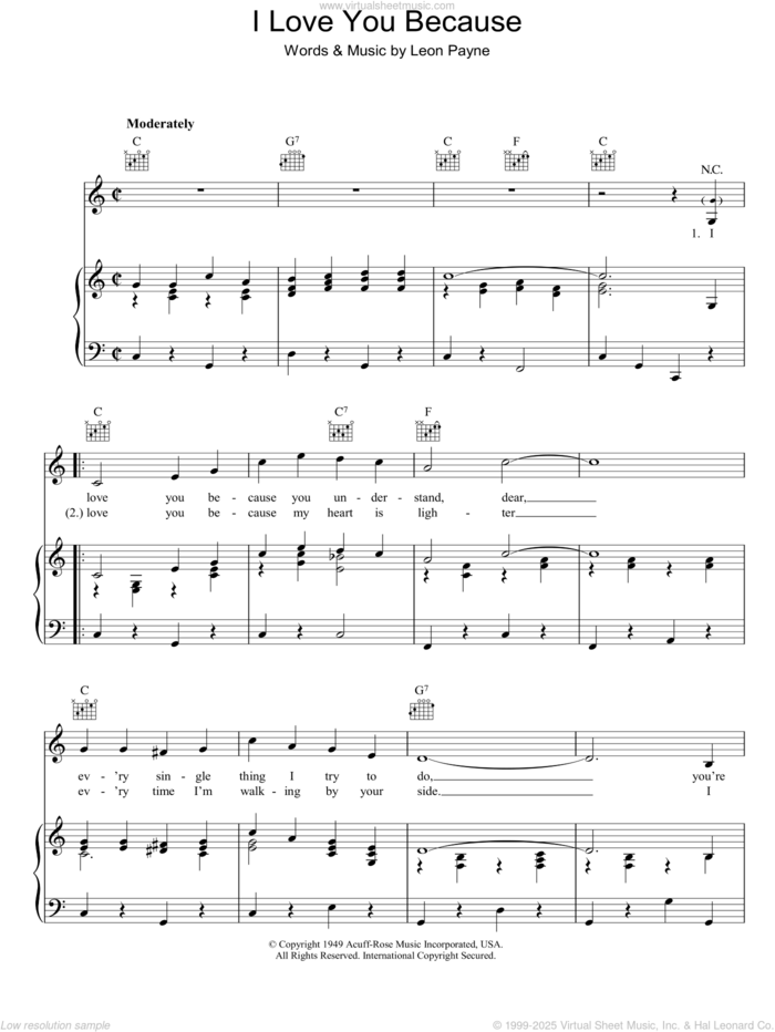 I Love You Because sheet music for voice, piano or guitar by Leon Payne, intermediate skill level