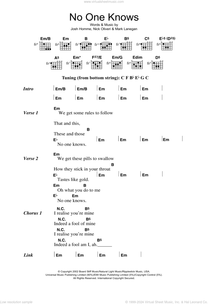 No One Knows sheet music for guitar (chords) by Queens Of The Stone Age, Josh Homme, Mark Lanegan and Nick Oliveri, intermediate skill level