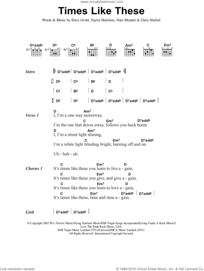 Times Like These sheet music for guitar (chords) by Foo Fighters, Chris Shiflett, Dave Grohl, Nate Mendel and Taylor Hawkins, intermediate skill level