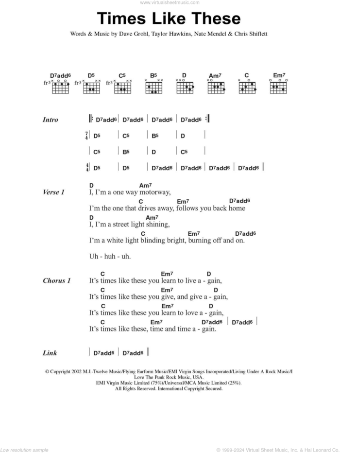 Times Like These sheet music for guitar (chords) by Foo Fighters, Chris Shiflett, Dave Grohl, Nate Mendel and Taylor Hawkins, intermediate skill level