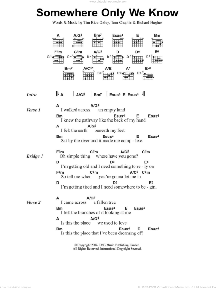 Somewhere Only We Know sheet music for guitar (chords) by Tim Rice-Oxley, Richard Hughes and Tom Chaplin, intermediate skill level