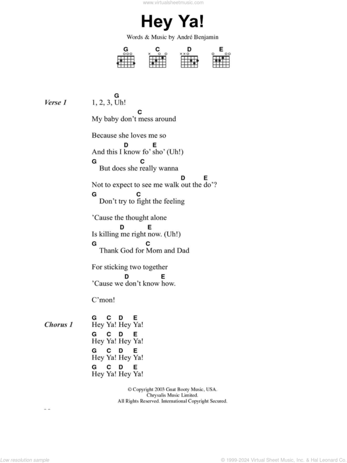 Hey Ya! sheet music for guitar (chords) by OutKast and Andre Benjamin, intermediate skill level