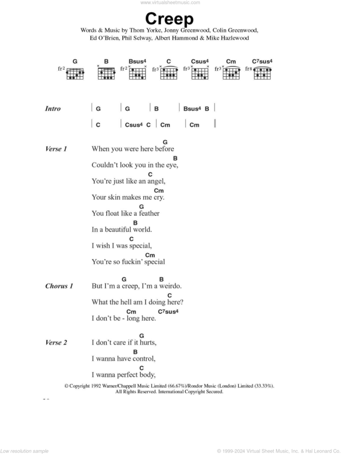 Creep sheet music for guitar (chords) by Radiohead, Albert Hammond, Colin Greenwood, Jonny Greenwood, Michael Hazlewood, Phil Selway and Thom Yorke, intermediate skill level