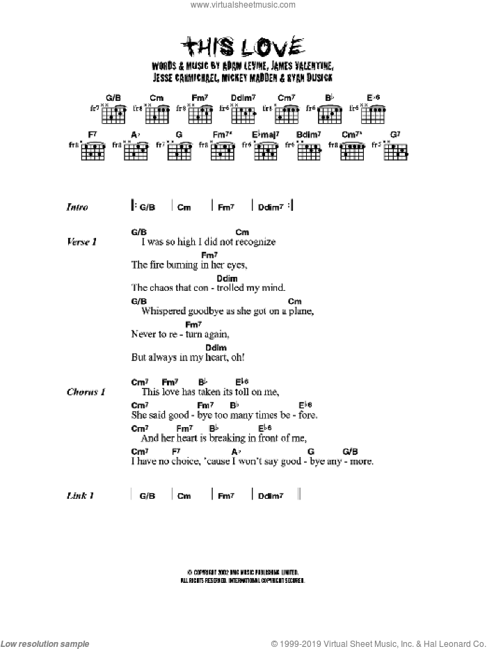 This Love sheet music for guitar (chords) by Maroon 5, Adam Levine, James Valentine, Jesse Carmichael, Michael Madden and Ryan Dusick, intermediate skill level