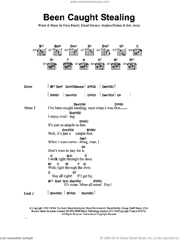 Been Caught Stealing sheet music for guitar (chords) by Jane's Addiction, David Navarro, Eric Avery, Perry Farrell and Stephen Perkins, intermediate skill level