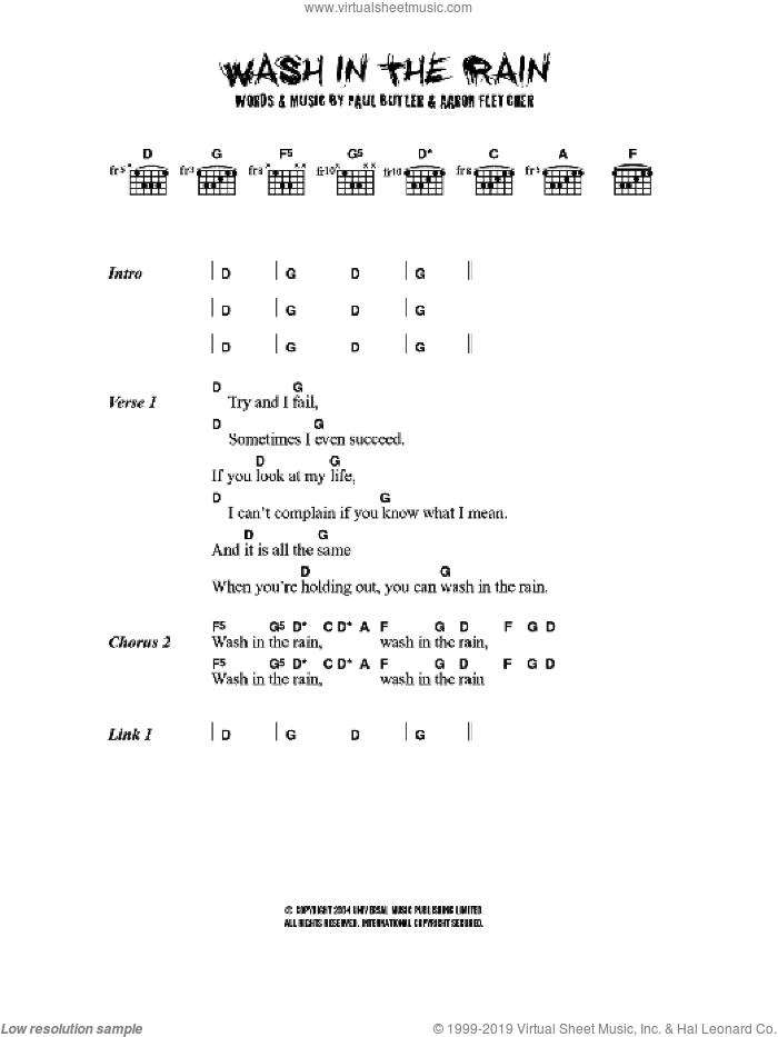 Wash In The Rain sheet music for guitar (chords) by The Bees, Aaron Fletcher and Paul Butler, intermediate skill level