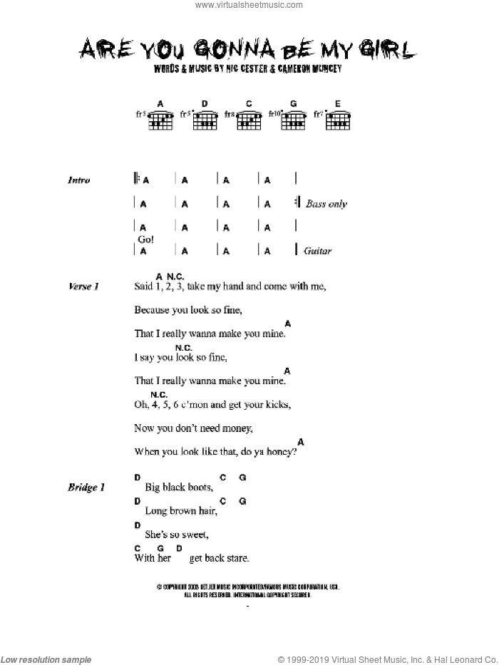 Are You Gonna Be My Girl sheet music for guitar (chords) by Nic Cester and Cameron Muncey, intermediate skill level