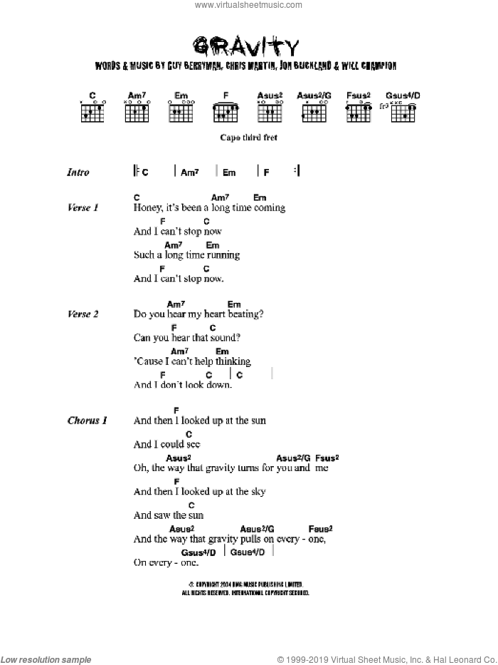 Gravity sheet music for guitar (chords) by Embrace, Chris Martin, Guy Berryman, Jon Buckland and Will Champion, intermediate skill level