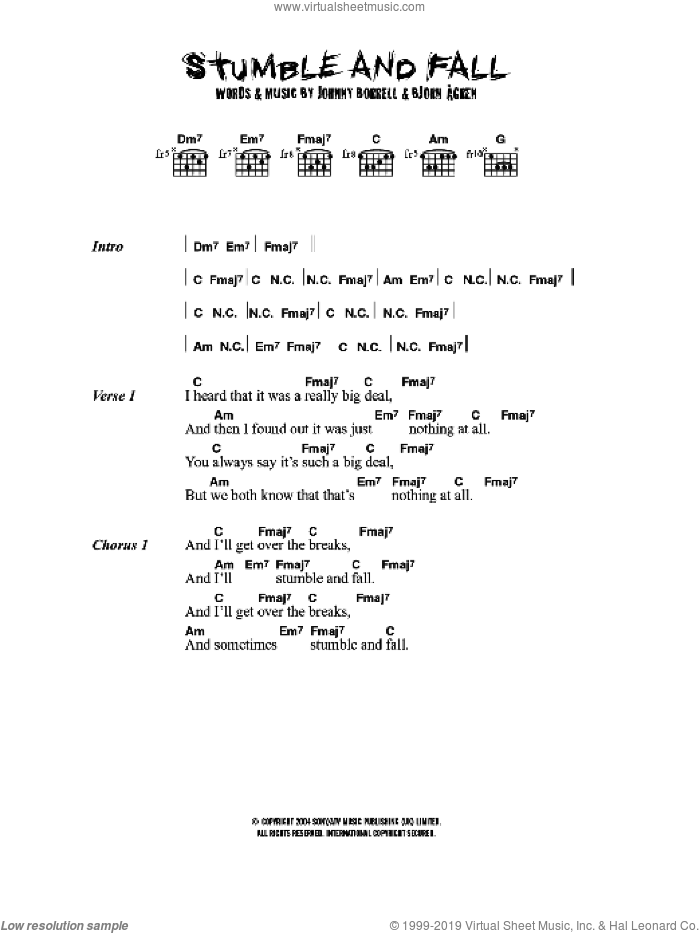 Stumble And Fall sheet music for guitar (chords) by Razorlight, Bjorn Agren and Johnny Borrell, intermediate skill level