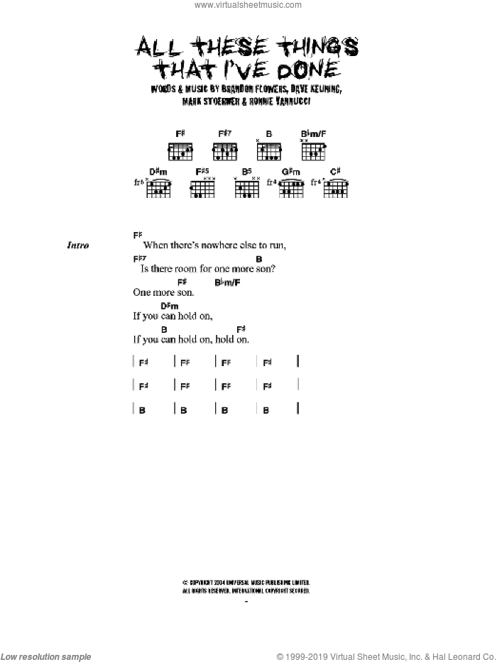 All These Things That I've Done sheet music for guitar (chords) by The Killers, Brandon Flowers, Dave Keuning, Mark Stoermer and Ronnie Vannucci, intermediate skill level