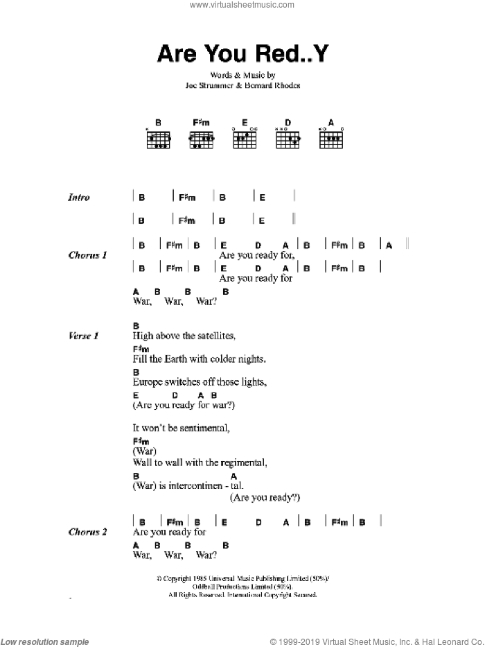 Are You Red..Y sheet music for guitar (chords) by The Clash, Bernard Rhodes and Joe Strummer, intermediate skill level