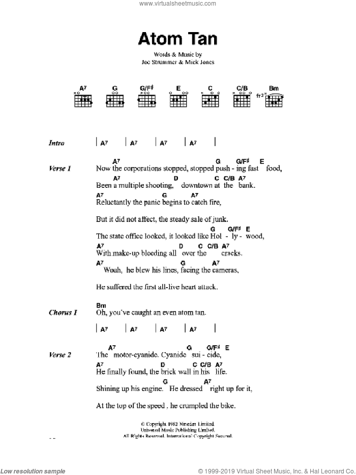 Atom Tan sheet music for guitar (chords) by The Clash, Joe Strummer and Mick Jones, intermediate skill level