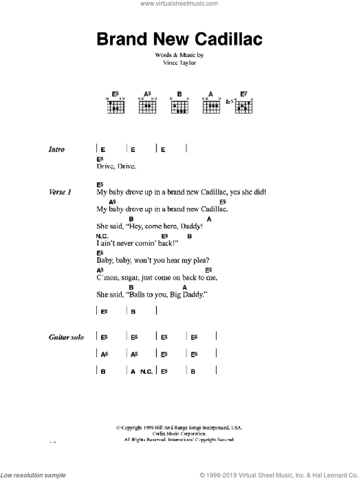 Brand New Cadillac sheet music for guitar (chords) by The Clash and Vince Taylor, intermediate skill level