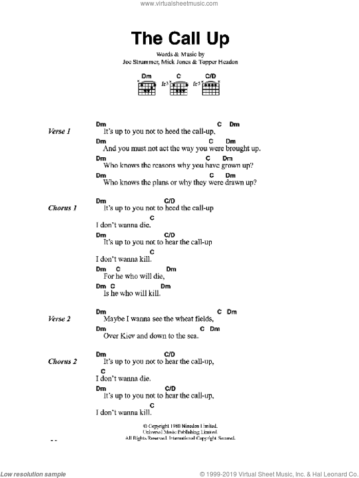 The Call Up sheet music for guitar (chords) by The Clash, Joe Strummer, Mick Jones and Topper Headon, intermediate skill level